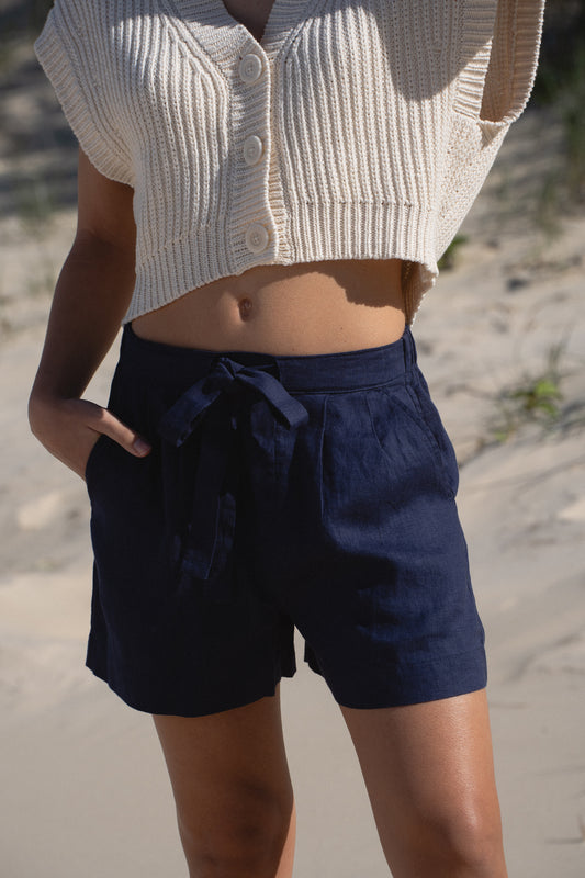 AMELIA DENIM BLUE LINEN SHORTS