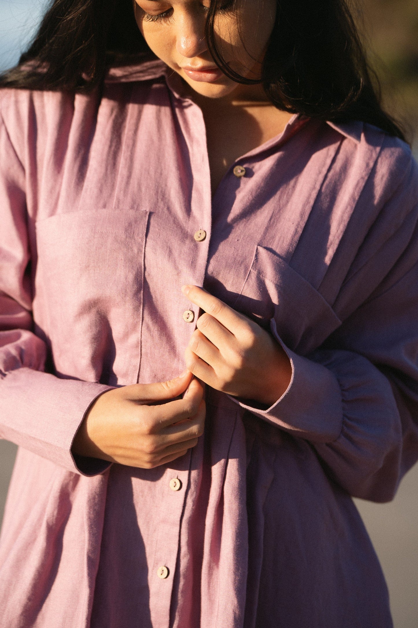 Lilly Pilly Collection 100% organic linen Isabella Shirt Dress in Dusty Lavender