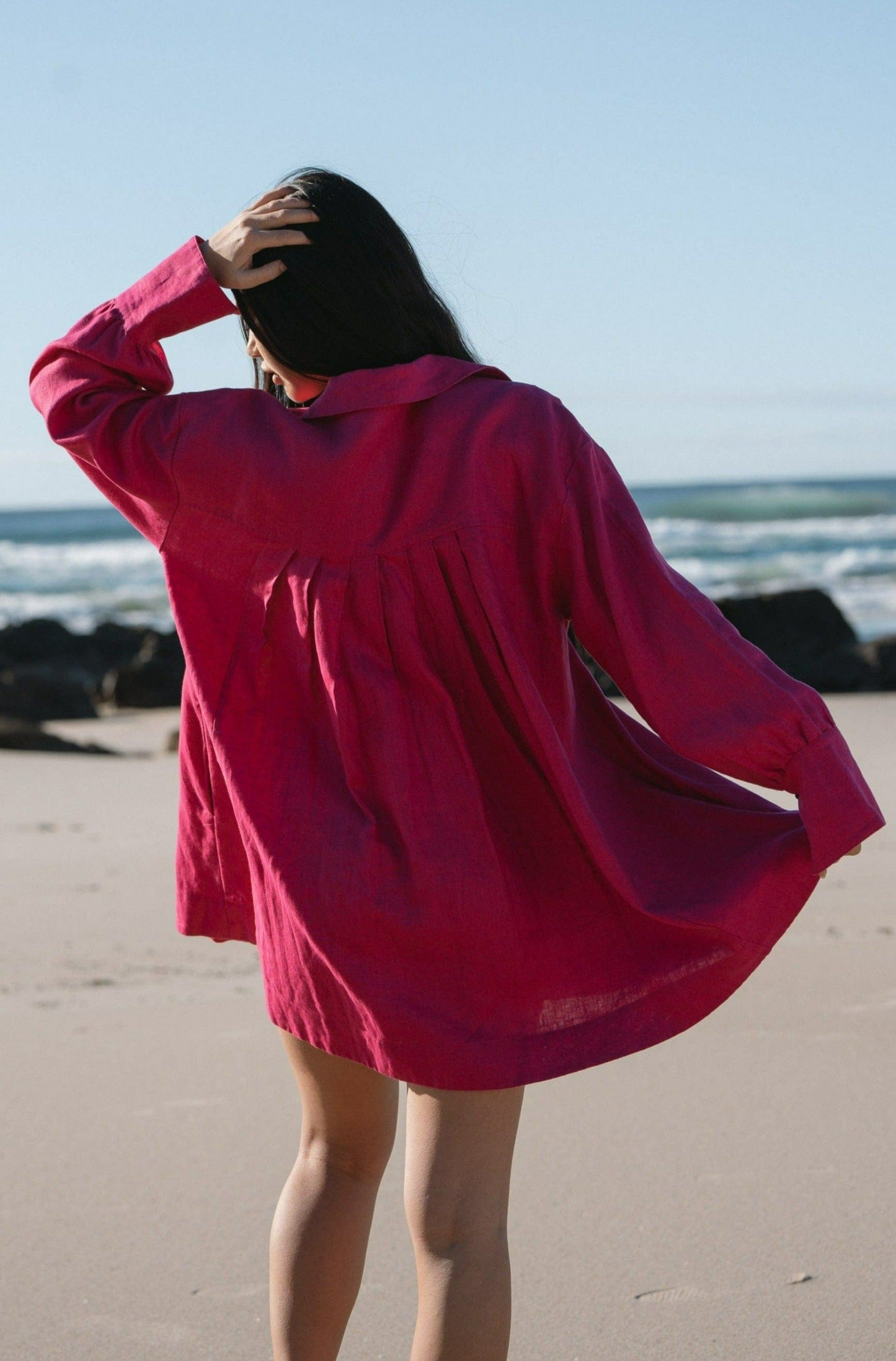 Lilly Pilly Collection 100% organic linen Isabella Shirt Dress in Fuchsia