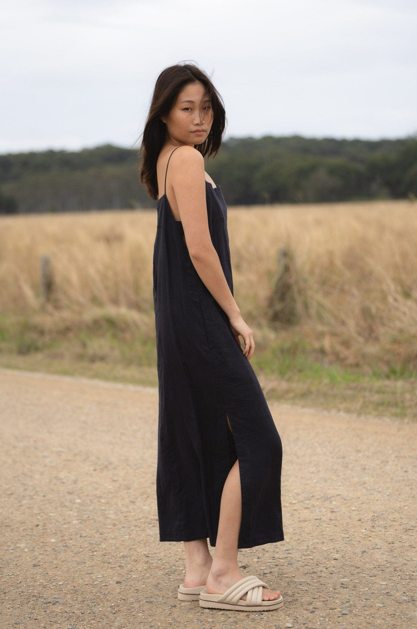 Lilly Pilly Collection 100% organic linen Kai slip dress in Navy