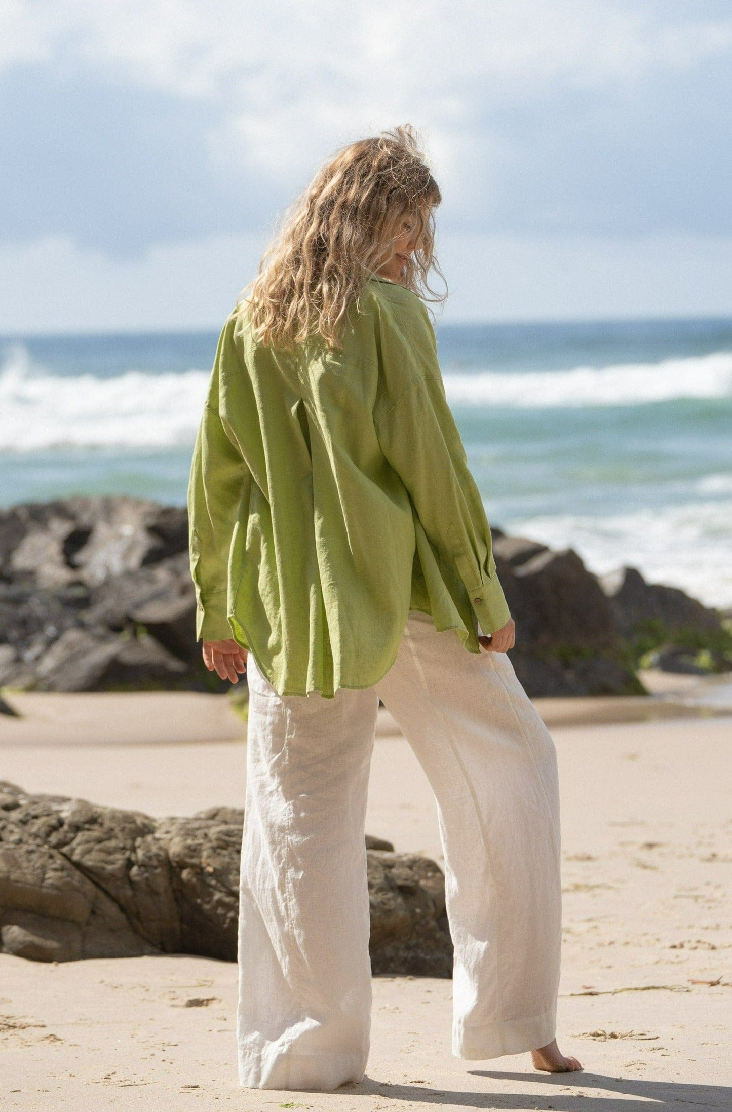 Lilly Pilly Collection Kirra shirt made from 100% Organic linen in Lemongrass