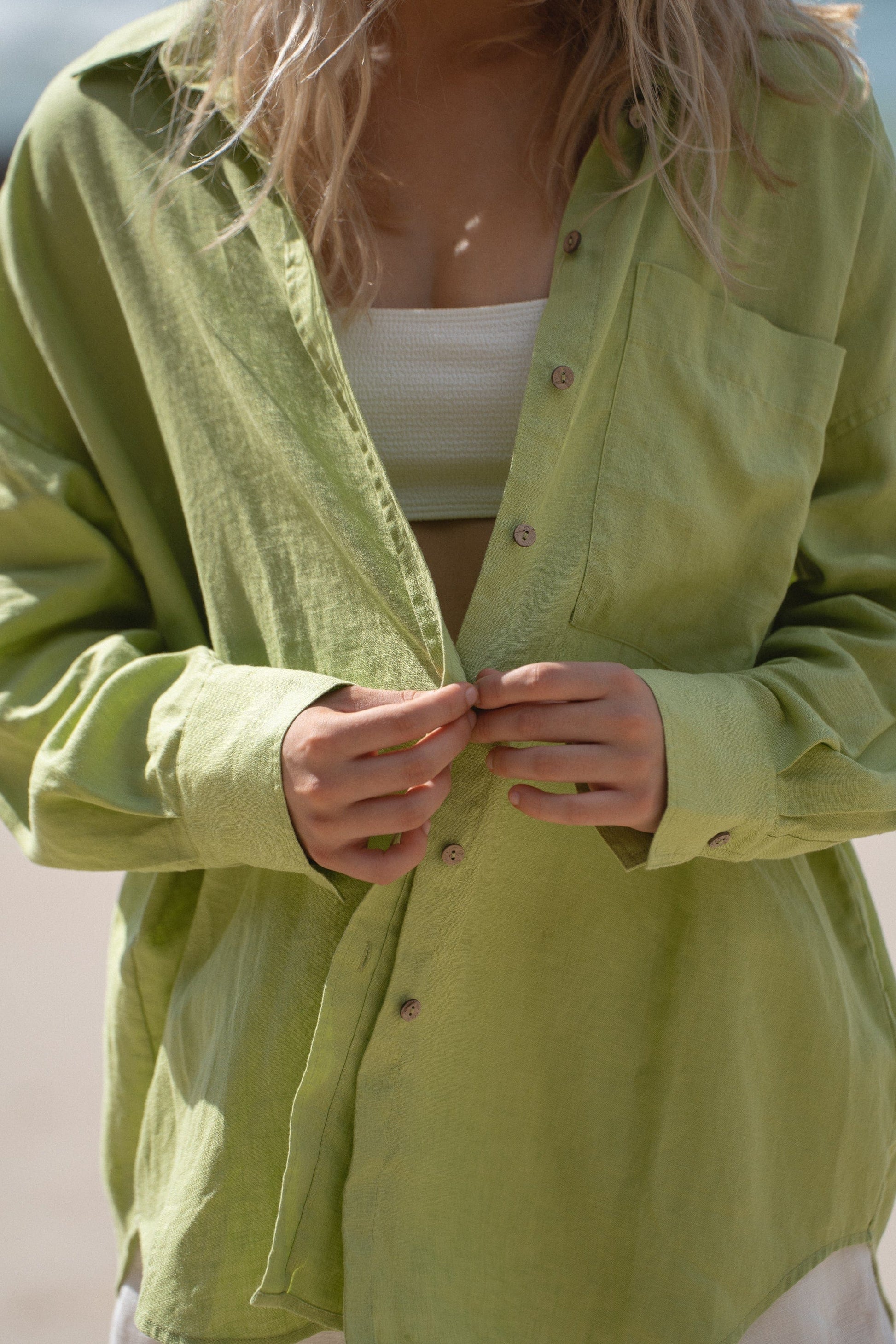 Lilly Pilly Collection Kirra shirt made from 100% Organic linen in Lemongrass