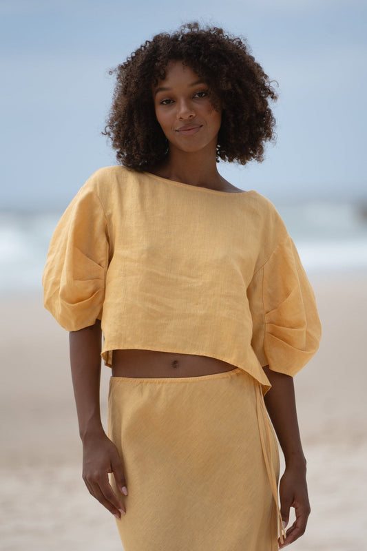 LILLY PILLY Leia linen top in Butter front close up view