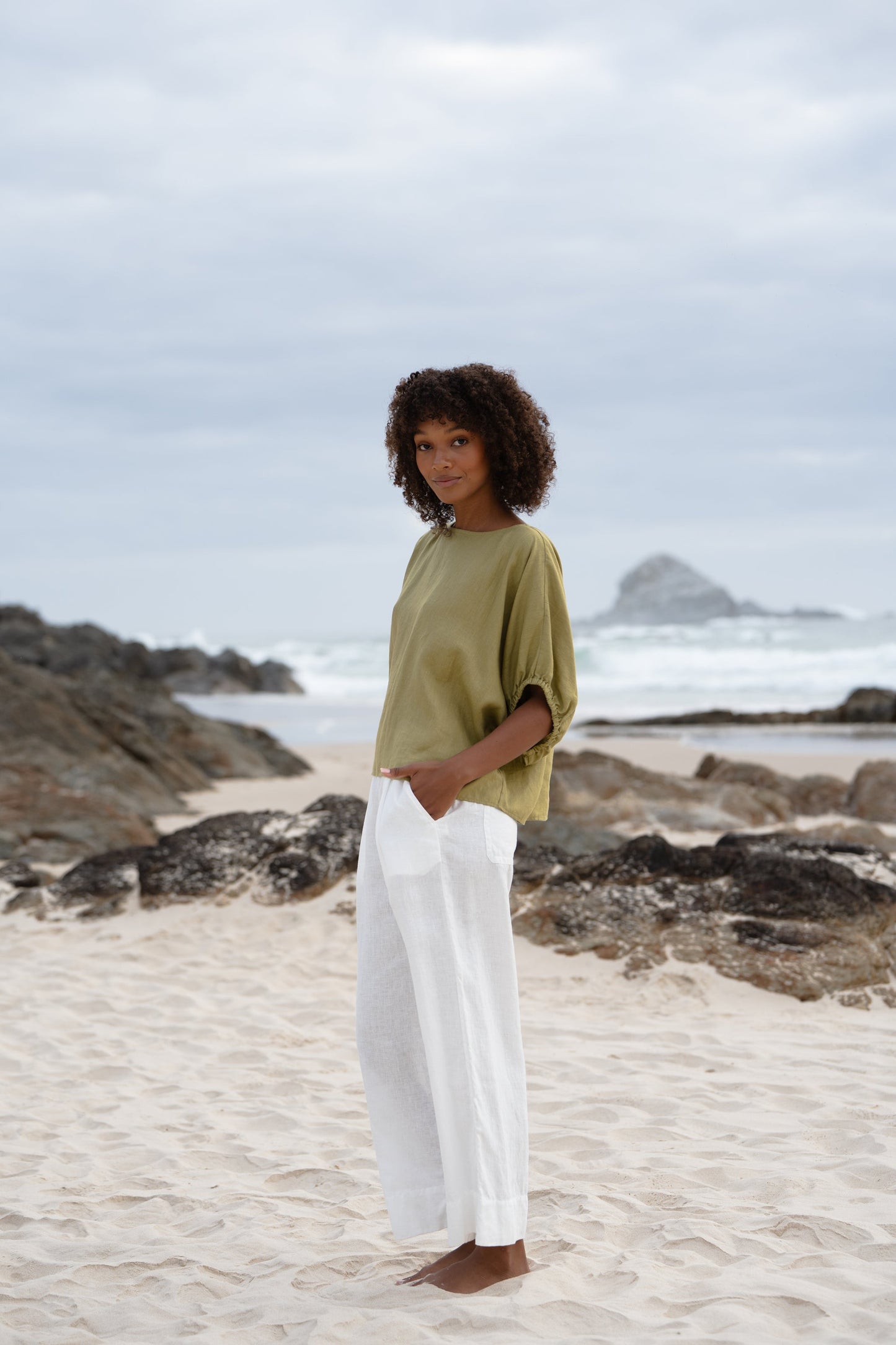 TINA OLIVE LINEN TOP