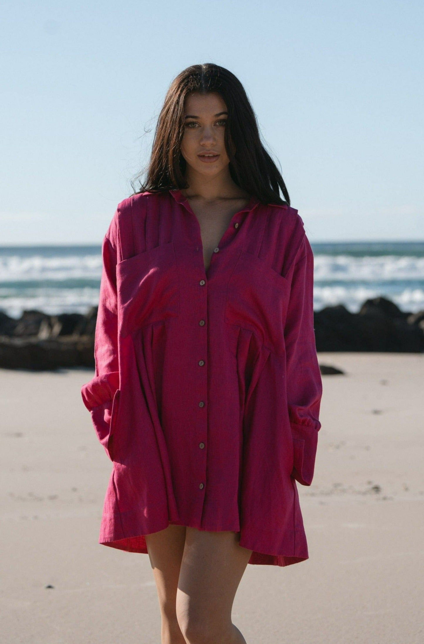 Lilly Pilly Collection 100% organic linen Isabella Shirt Dress in Fuchsia